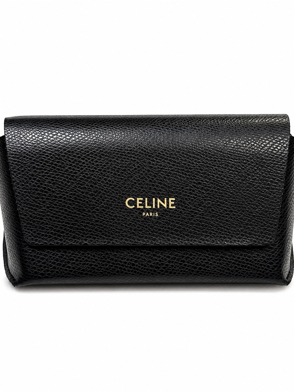 CELINE Paris Black Textured Eyeglass Sunglasses Folding Case Gold Logo.